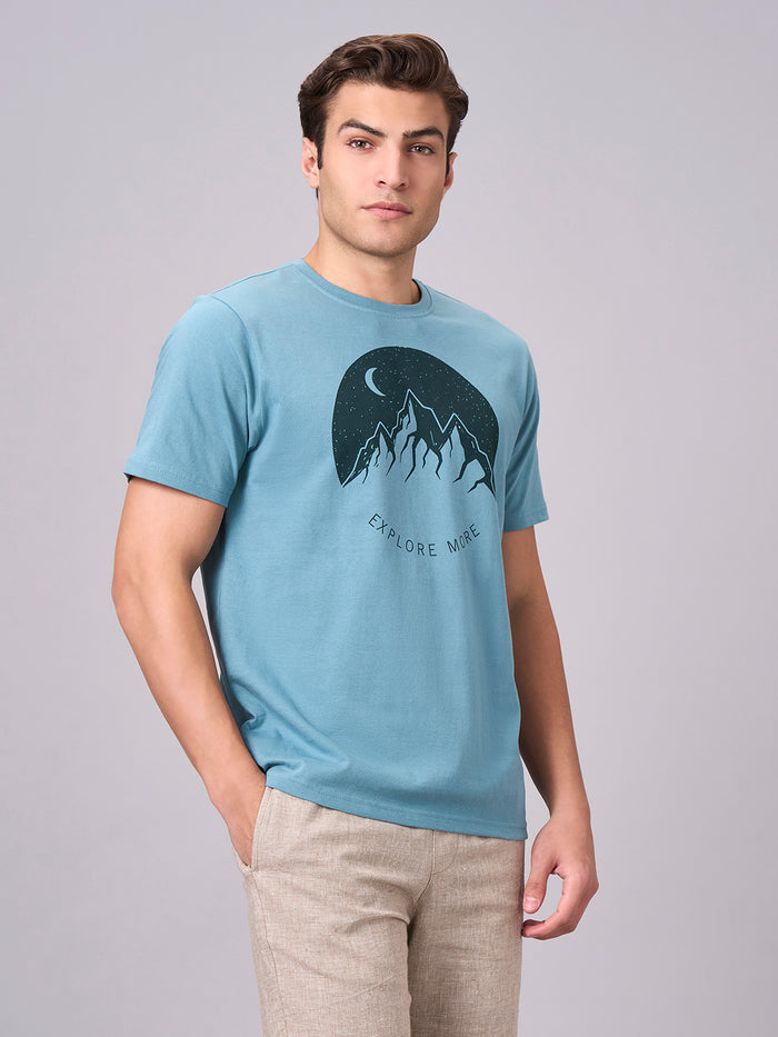 Men's 100% Cotton Regular Fit Half Sleeves Graphic T-shirt Aqua