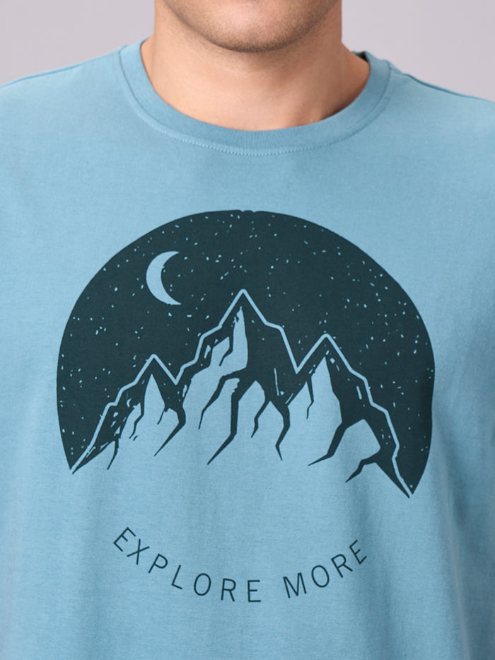 Men's 100% Cotton Regular Fit Half Sleeves Graphic T-shirt Aqua