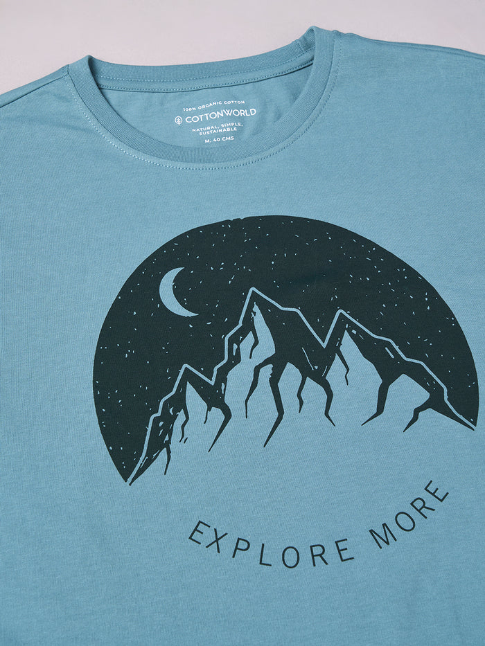 Men's 100% Cotton Regular Fit Half Sleeves Graphic T-shirt Aqua
