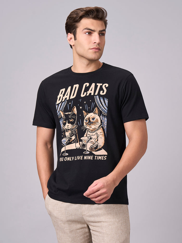 Men's 100% Cotton Regular Fit Half Sleeves Graphic T-shirt Black