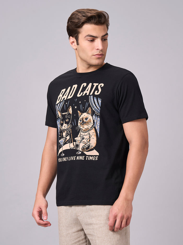 Men's 100% Cotton Regular Fit Half Sleeves Graphic T-shirt Black