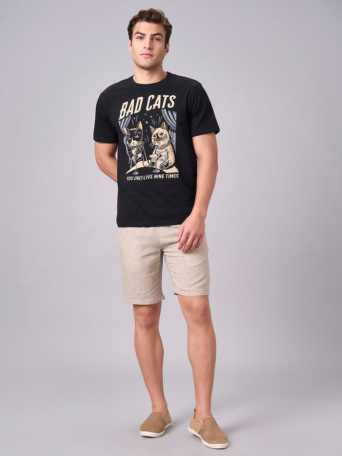 Men's 100% Cotton Regular Fit Half Sleeves Graphic T-shirt Black