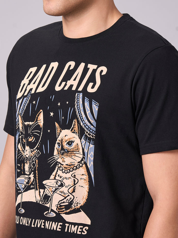 Men's 100% Cotton Regular Fit Half Sleeves Graphic T-shirt Black