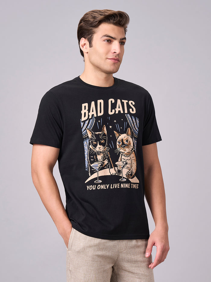 Men's 100% Cotton Regular Fit Half Sleeves Graphic T-shirt Black