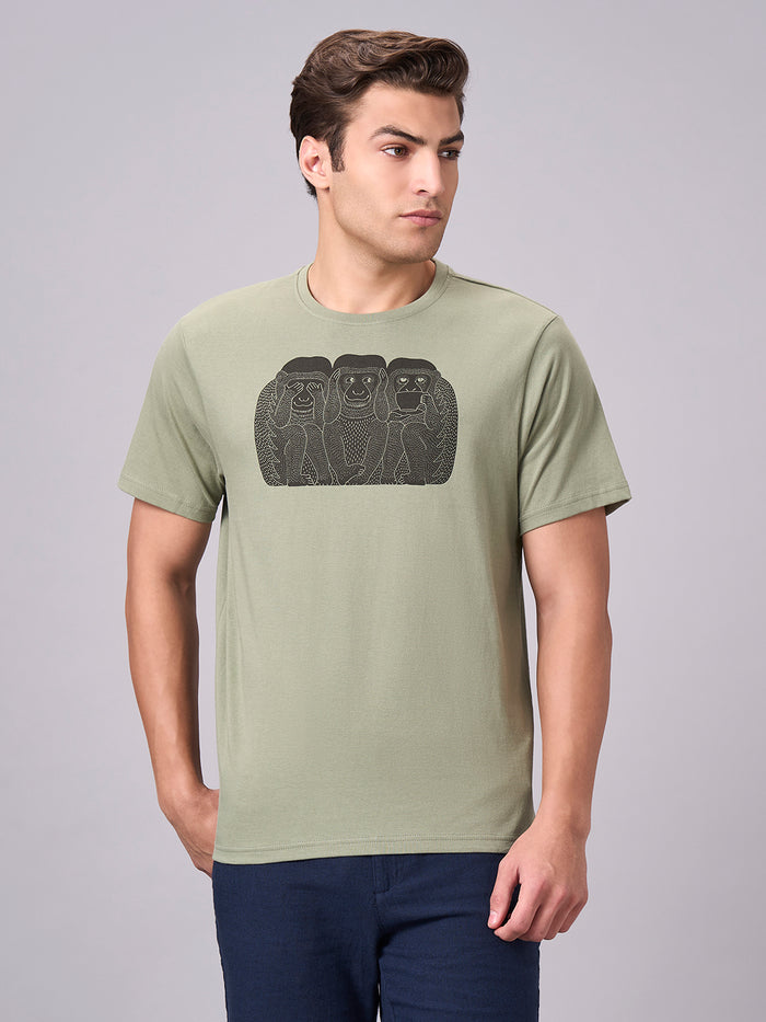Men's 100% Cotton Regular Fit Half Sleeves Graphic T-shirt Green