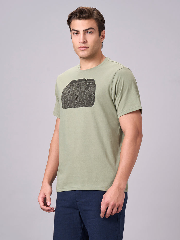 Men's 100% Cotton Regular Fit Half Sleeves Graphic T-shirt Green