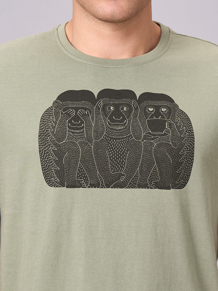 Men's 100% Cotton Regular Fit Half Sleeves Graphic T-shirt Green