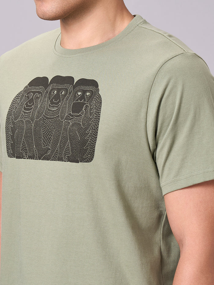 Men's 100% Cotton Regular Fit Half Sleeves Graphic T-shirt Green