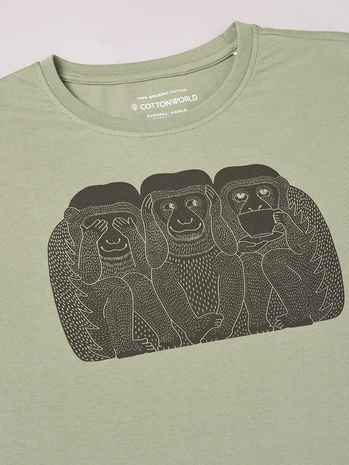 Men's 100% Cotton Regular Fit Half Sleeves Graphic T-shirt Green