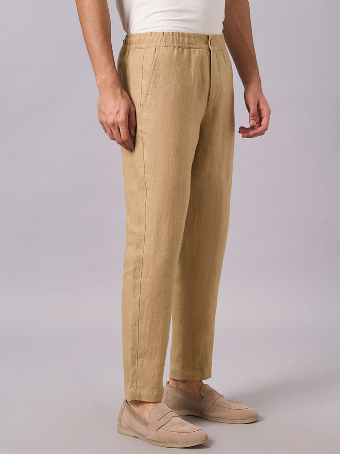 Men's 100% Linen Side Seam Pockets Regular Fit Pant Khaki