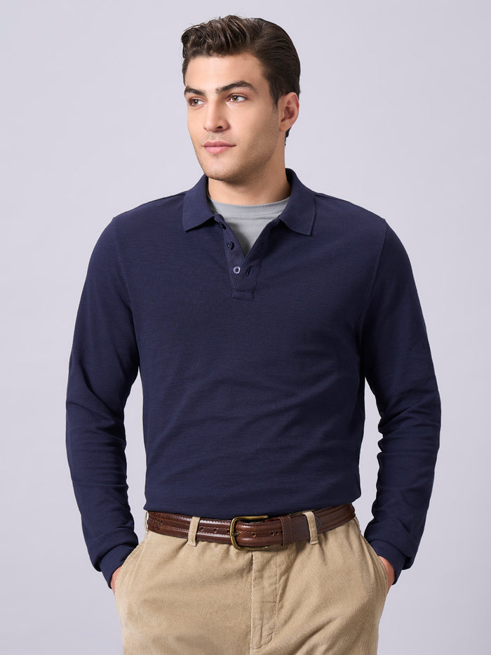 Men's 100% Organic Cotton Regular Fit Long Sleeves Polo Tshirt Navy