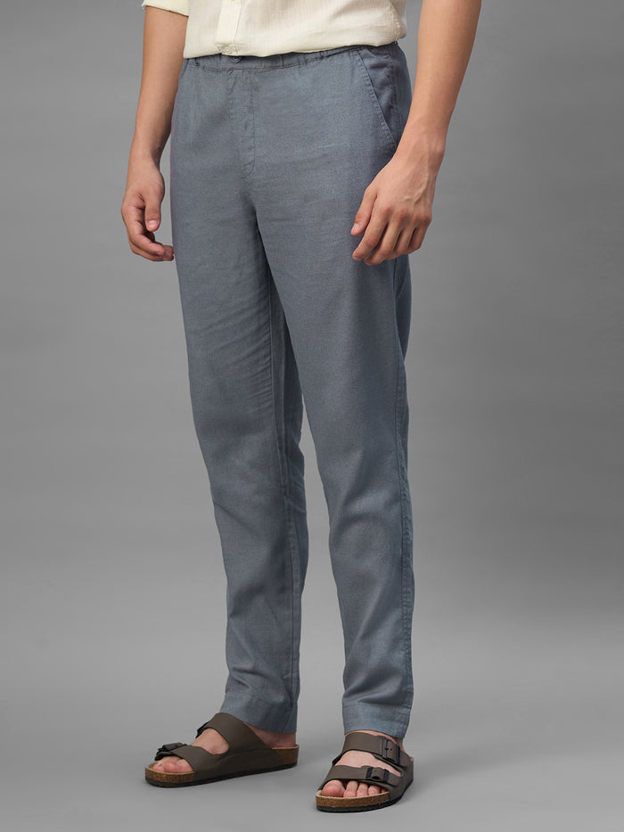 Men's Blue Cotton Linen Regular Fit Pant