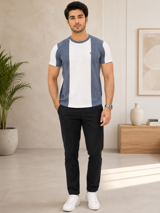 Men's Blue & White Color Block Crew Neck T-Shirt