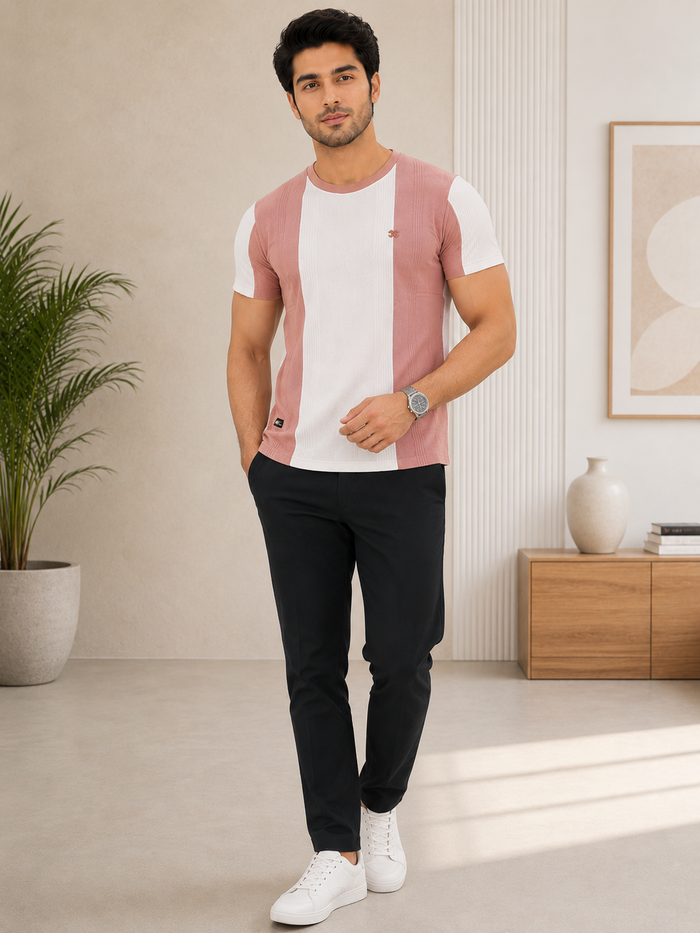 Men's Blue & White Color Block Crew Neck T-Shirt