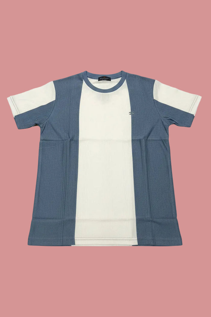Men's Blue & White Color Block Crew Neck T-Shirt