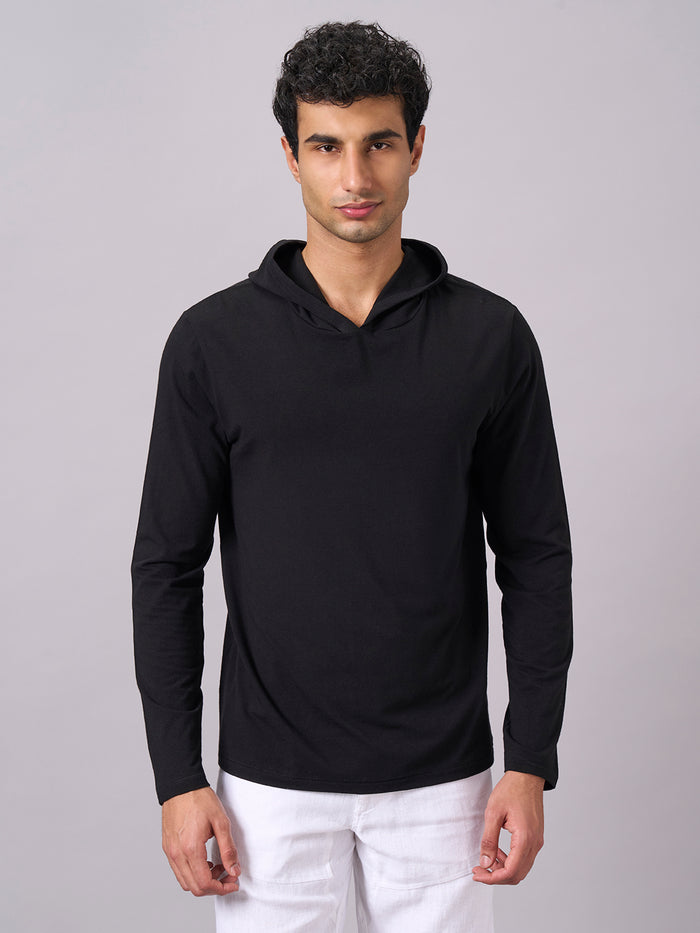 Men's Cotton Bamboo Elastane Full Sleeve Hooded Regular Fit Tshirt Black