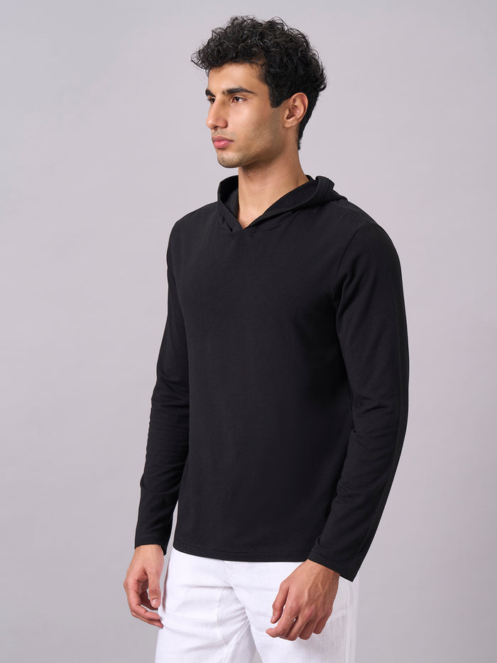 Men's Cotton Bamboo Elastane Full Sleeve Hooded Regular Fit Tshirt Black