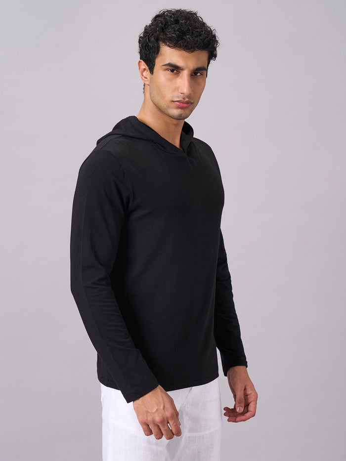 Men's Cotton Bamboo Elastane Full Sleeve Hooded Regular Fit Tshirt Black