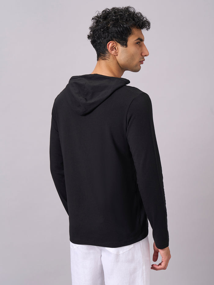 Men's Cotton Bamboo Elastane Full Sleeve Hooded Regular Fit Tshirt Black