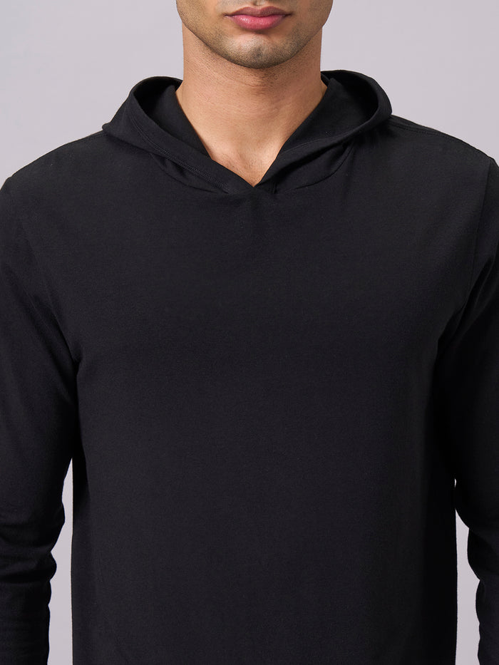Men's Cotton Bamboo Elastane Full Sleeve Hooded Regular Fit Tshirt Black