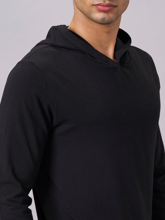 Men's Cotton Bamboo Elastane Full Sleeve Hooded Regular Fit Tshirt Black