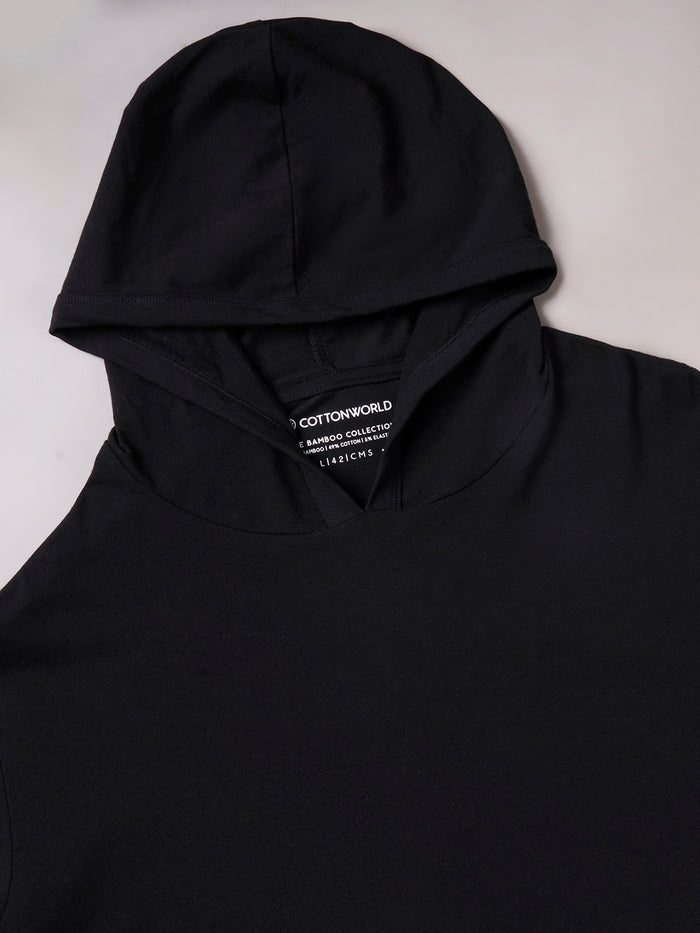 Men's Cotton Bamboo Elastane Full Sleeve Hooded Regular Fit Tshirt Black