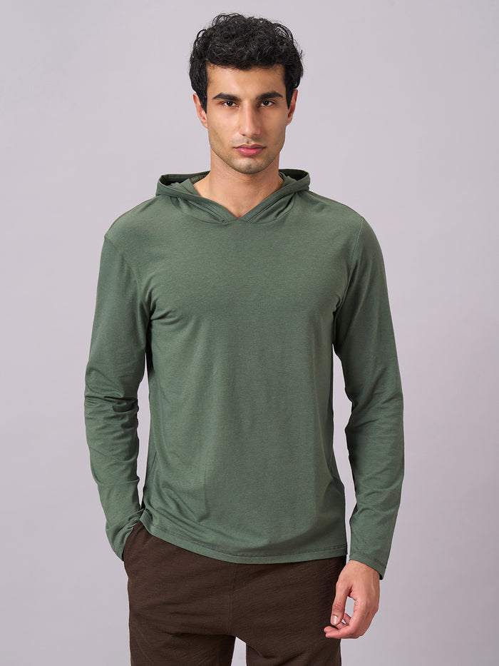 Men's Cotton Bamboo Elastane Full Sleeve Hooded Regular Fit Tshirt Olive