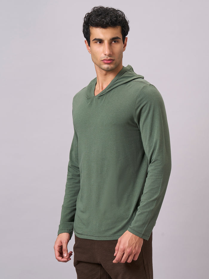 Men's Cotton Bamboo Elastane Full Sleeve Hooded Regular Fit Tshirt Olive
