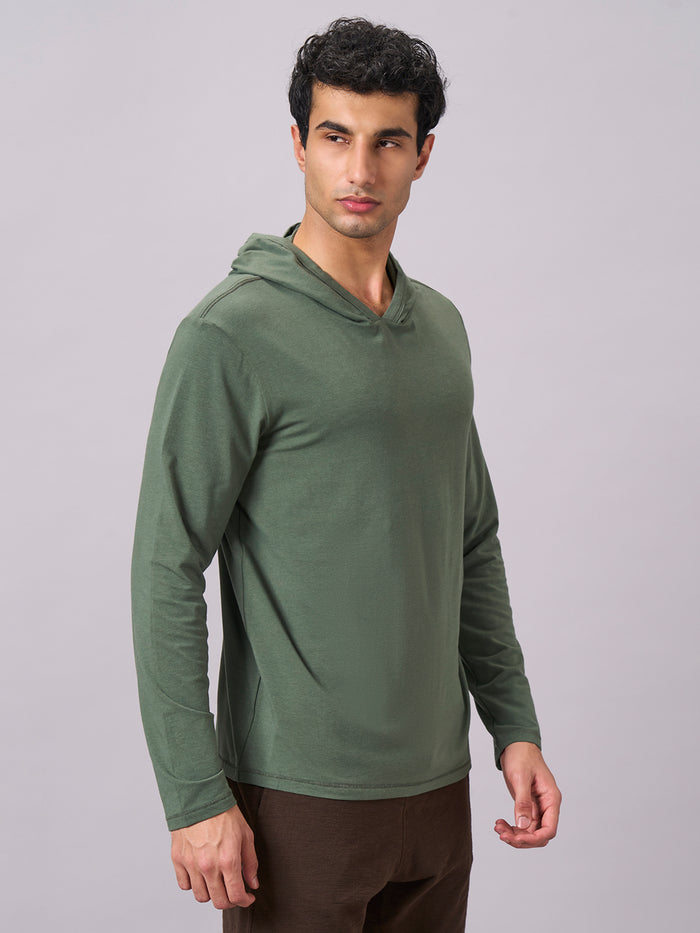 Men's Cotton Bamboo Elastane Full Sleeve Hooded Regular Fit Tshirt Olive