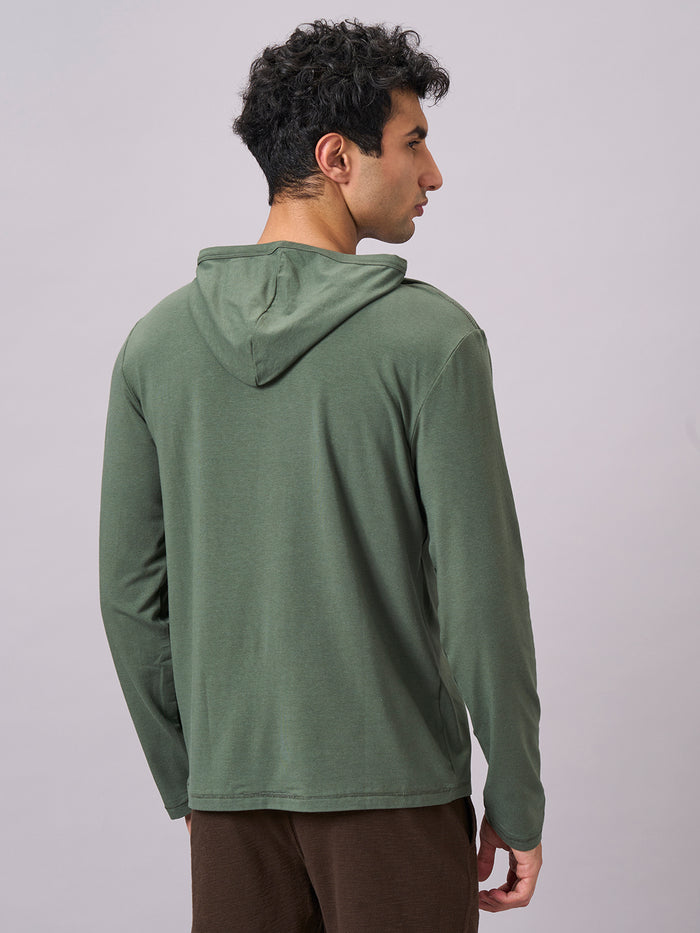 Men's Cotton Bamboo Elastane Full Sleeve Hooded Regular Fit Tshirt Olive