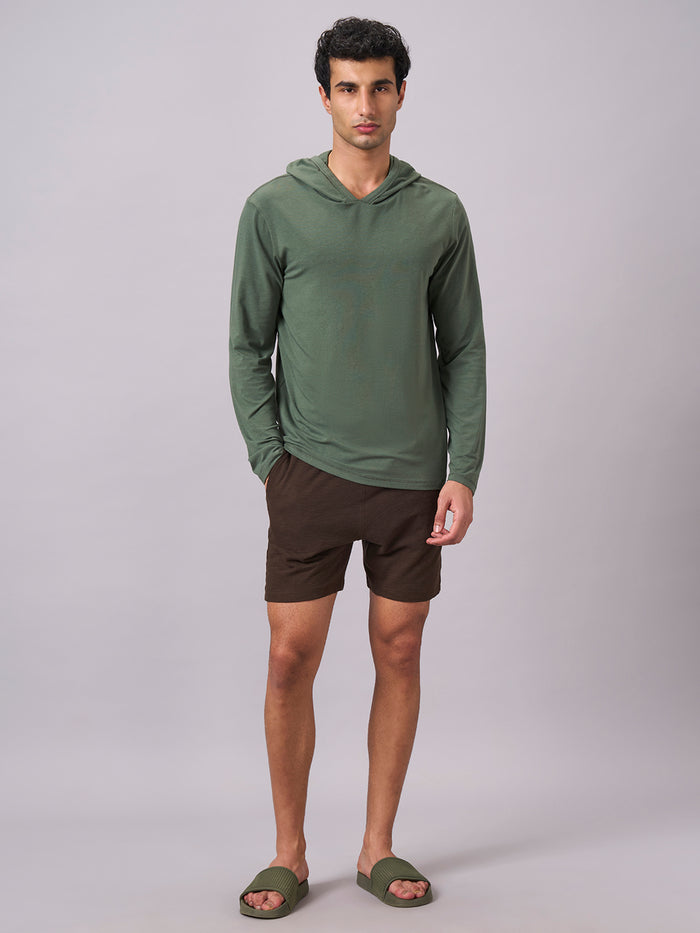 Men's Cotton Bamboo Elastane Full Sleeve Hooded Regular Fit Tshirt Olive