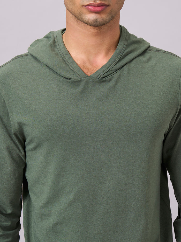 Men's Cotton Bamboo Elastane Full Sleeve Hooded Regular Fit Tshirt Olive