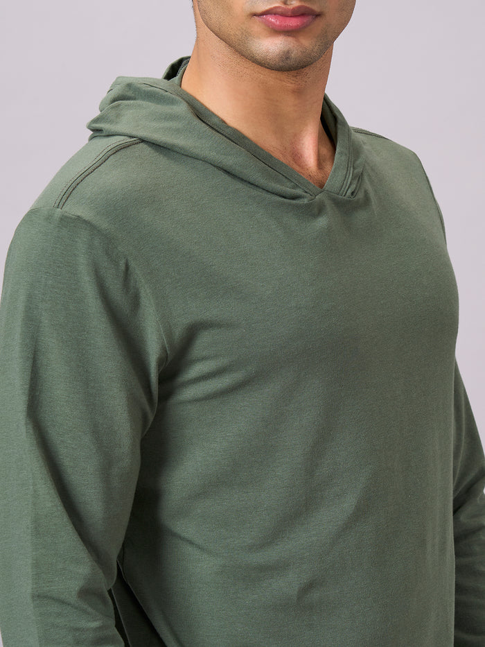Men's Cotton Bamboo Elastane Full Sleeve Hooded Regular Fit Tshirt Olive