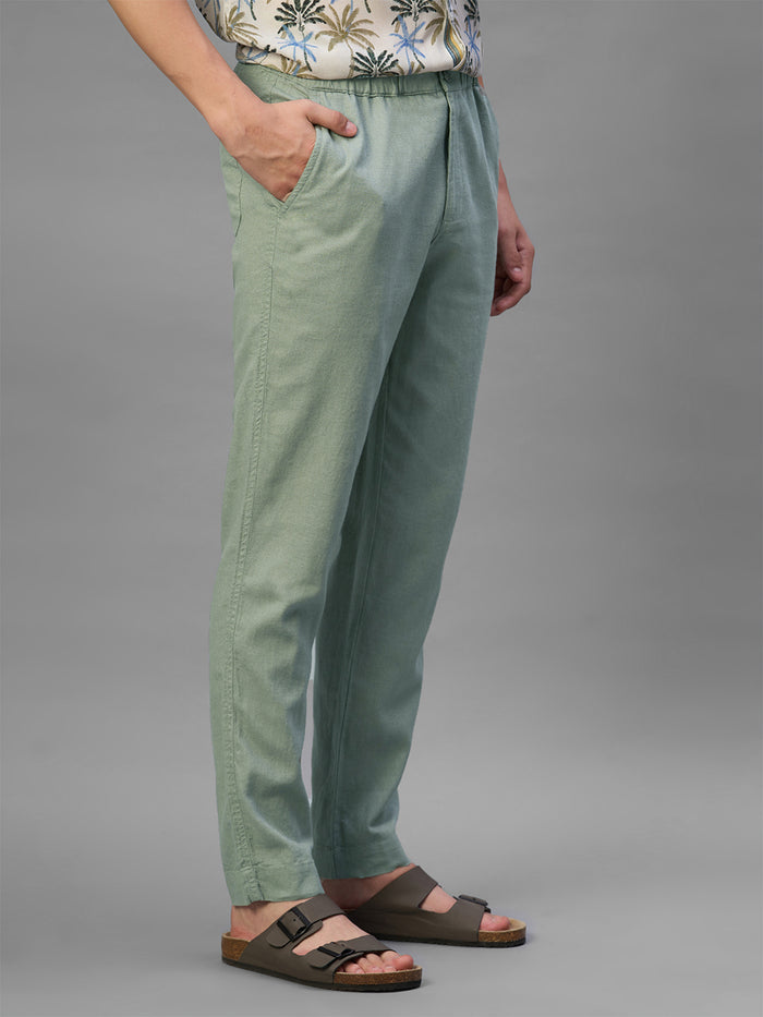 Men's Green Cotton Linen Regular Fit Pant