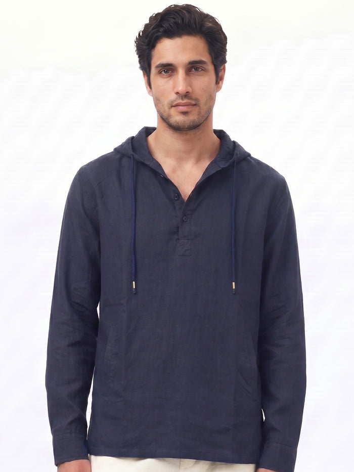 Men's Navy Linen Cotton Regular Fit Shirt