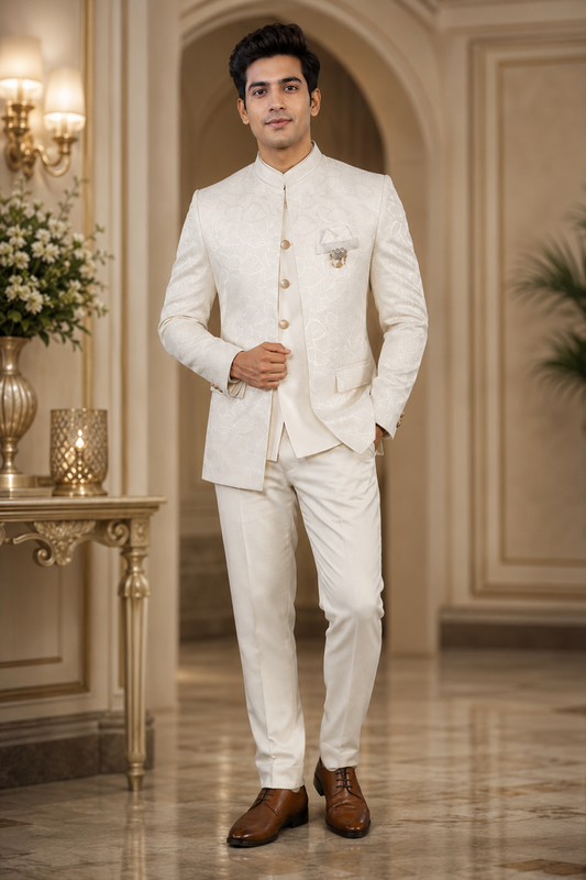 Men's Off-White Jacquard Jodhpuri Suit with Nehru Jacket