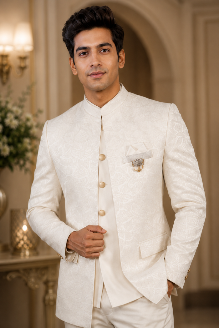 Men's Off-White Jacquard Jodhpuri Suit with Nehru Jacket