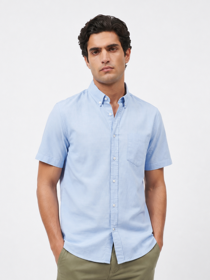 Men's Oxford 100% Cotton Regular Fit Half Sleeves Shirt Sky