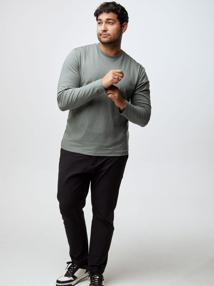 Matheus is 6', 210LBS and wears a size XL # Long Sleeve Tee in Mercury Green | Fresh Clean Threads