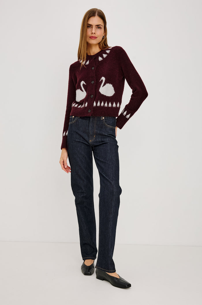 Millie Cardigan in Wool Blend Knit With Slightly Cropped Relaxed Fit, Crew Neck, Front Buttons, Long Sleeves, and Ribbed Trim in Swans Colorway - Full Body Front View Featured on Model