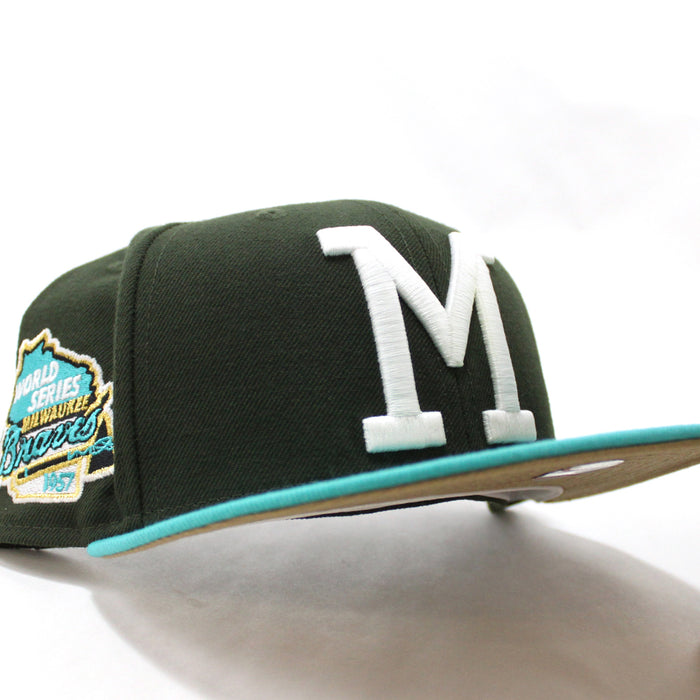 Milwaukee Braves 1957 WORLD SERIES New Era 59Fifty Fitted Hat (Menthol Pack Dark Seaweed Teal Khaki Under Brim)