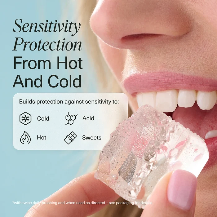 Product packaging with text on sensitivity protection against cold, acid, hot, and sweets.