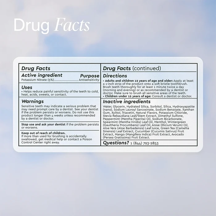 Drug facts label for a dental product on a light blue background