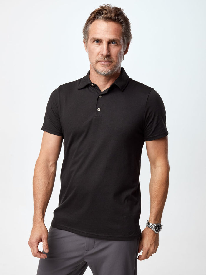 Ariel is 6'1, 175lbs and wears a size M # Black Polo Shirts | Men's Collared T-Shirts