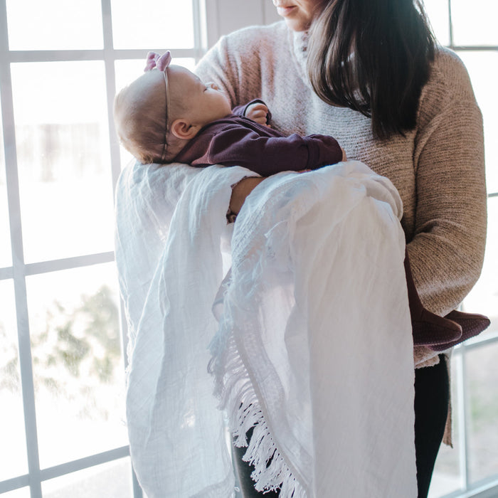 Modern Burlap Organic Cotton Muslin White Fringe Swaddle