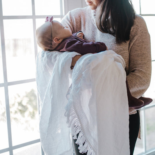 Modern Burlap Organic Cotton Muslin White Fringe Swaddle