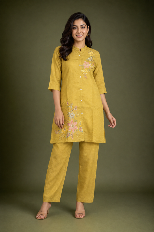 Mustard Yellow Floral Embroidered Kurta Pant Set