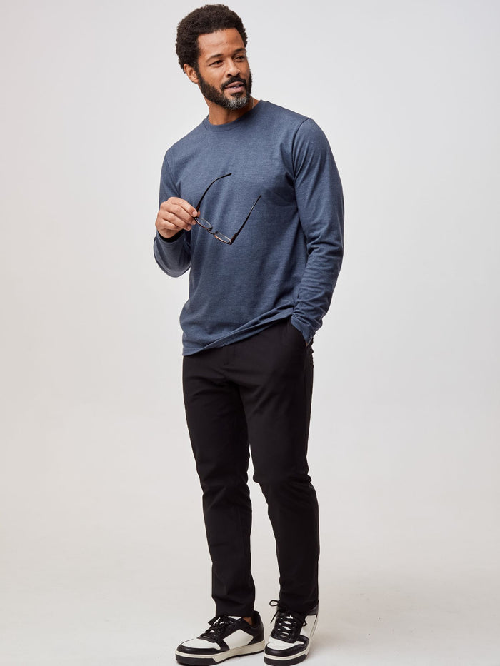 Jarrett is 6', 168lbs and wears a size M # Navy Long Sleeve Crew Tees | Fresh Clean Threads