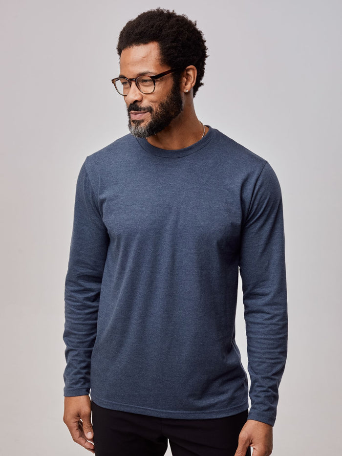 Jarrett is 6', 168lbs and wears a size M # Navy Long Sleeve Tee | Fresh Clean Threads
