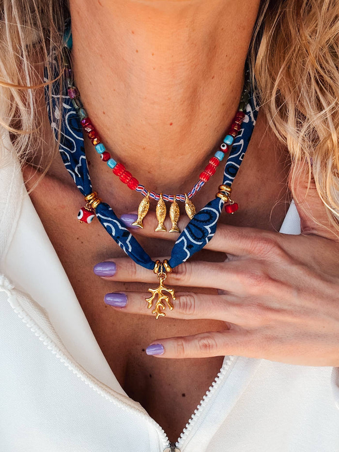 Necklace-Bohemian blue bandana scarf & colorful beaded fish